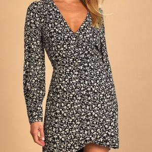 Lulus Fall Into You Black Floral Print Long Sleeve Faux-wrap Dress - Size S
